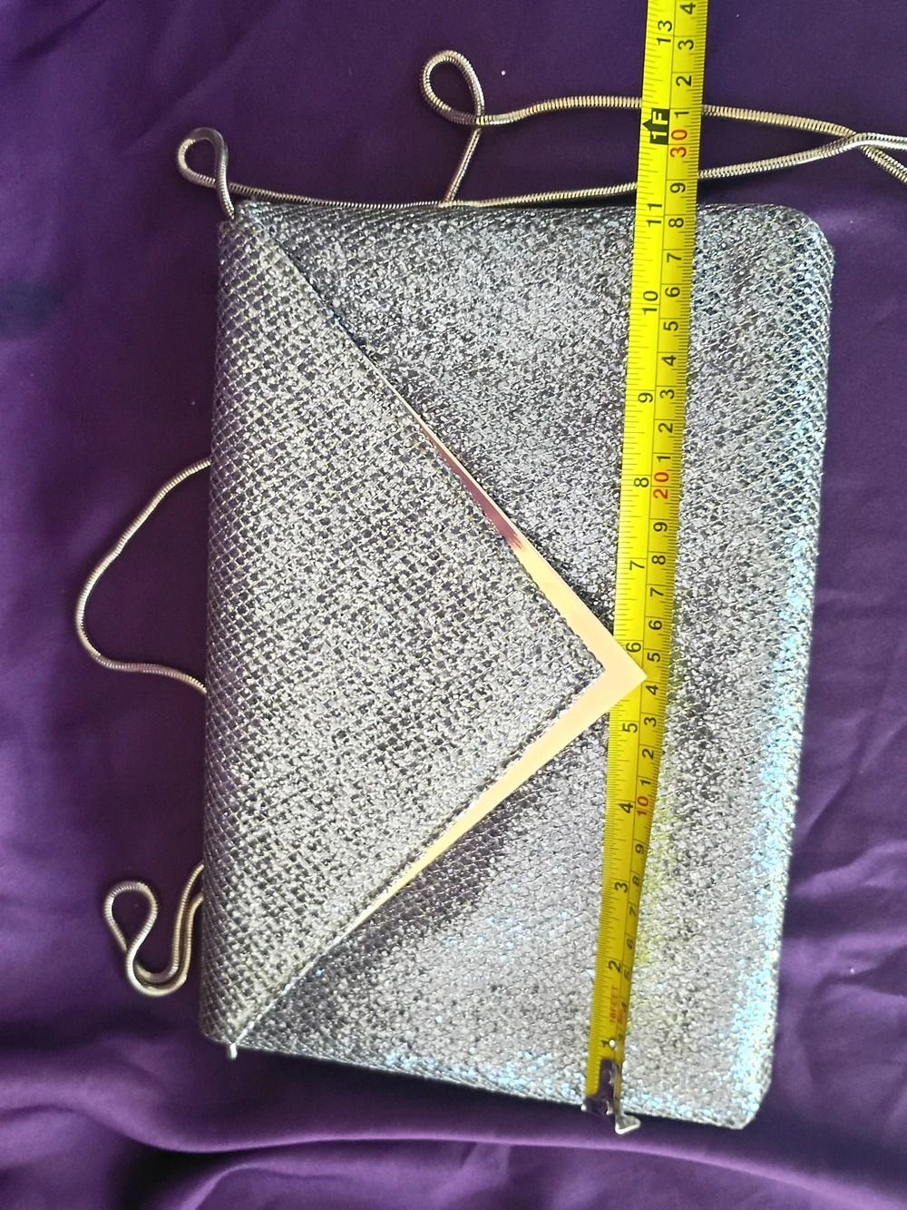 Gianni Bini Silver Glitter Envelope Clutch with Gold V Detail